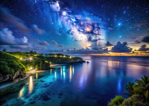 Enchanting Nauru nights: Starry skies above Buada Lagoon mirror the Pacific's tranquil coastal glow.