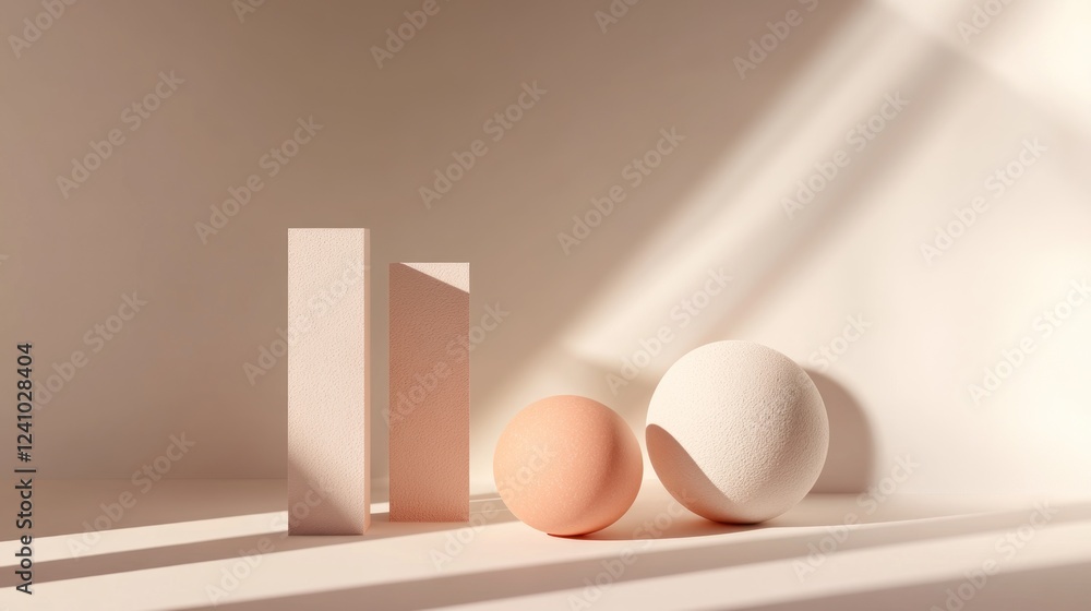 Poster minimalist 3d scene with isometric shapes and light play on soft beige background