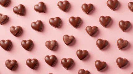 Fototapeta premium A Symphony of Hearts: A Delightful Collection of Exquisite Chocolate Hearts, Beautifully Displayed on a Pastel Pink Surface, Creating a Scene of Pure Romance and Sweet Indulgence
