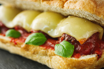 delicious traditional Italian meatball sandwich polpette in ciabatta on black wooden rustic background