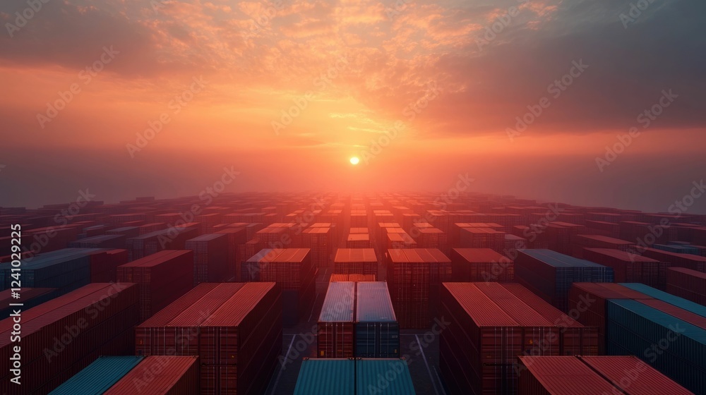 Poster massive container ship at sunrise in a bustling port symbolizing the efficiency and scale of global 