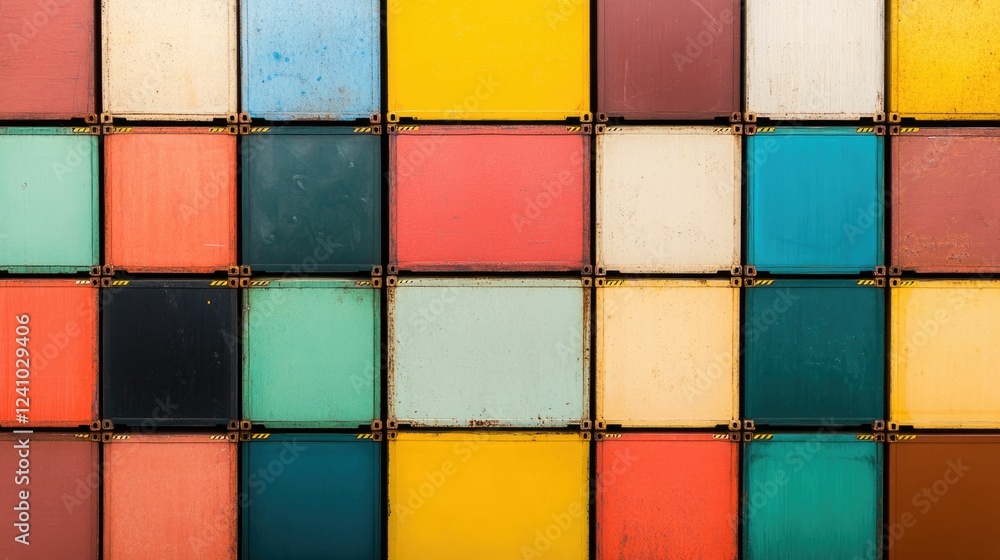 Poster aerial view of a colorful freight yard with cargo containers arranged in a striking geometric patter