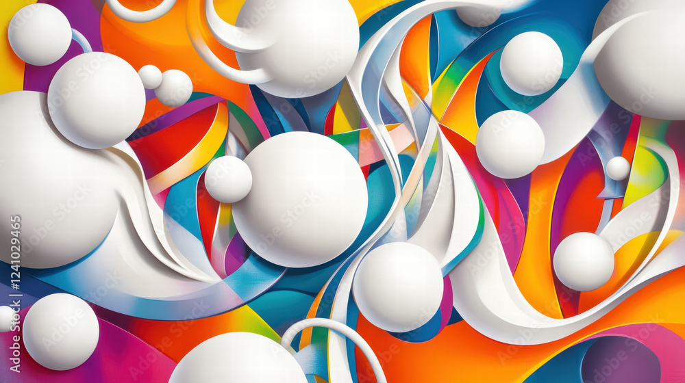 Poster dynamic wallpaper featuring playful interaction of colorful shapes and spheres, creating vibrant and