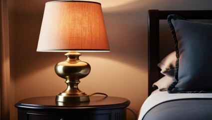 Cozy bedside scene with a modern lamp, soft warm lighting, and a neatly arranged bed.