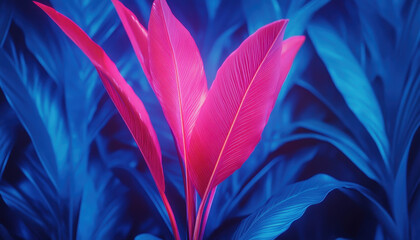Vibrant pink and blue bioengineered plant glowing under UV light, showcasing its unique colors and textures in futuristic setting