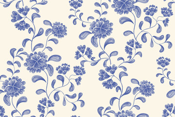 Vintage floral ethnic tapestry modern embroidery texture boho design vector illustration hand drawn silhouette indigo blue flower motif branches leaves wallpaper seamless background border. © Wita Pixs