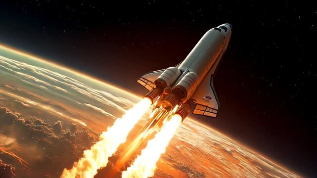 Space shuttle launching with fiery boosters above Earth's horizon. Aerospace concept