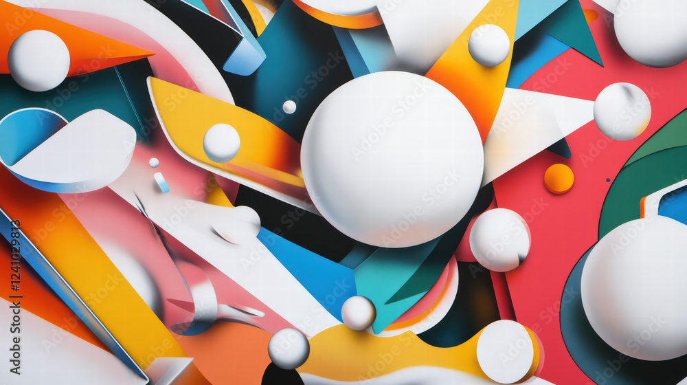 Poster dynamic wallpaper showcasing vibrant colors and abstract shapes, featuring mix of geometric forms an