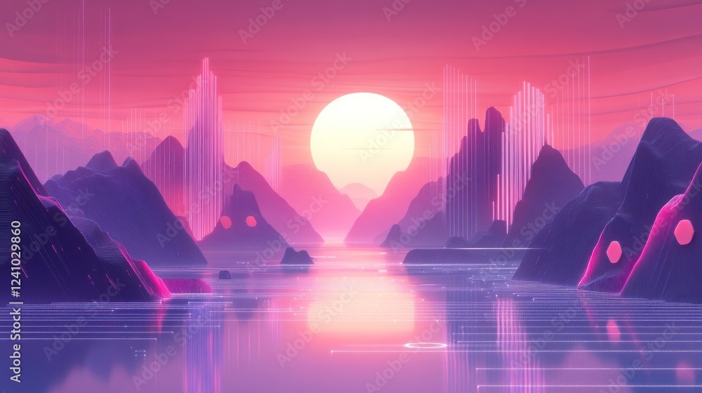 Poster a minimalist digital circuit design with glowing geometric shapes in a landscape setting