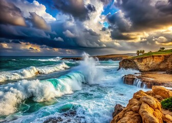 Obraz premium Cyprus Winter Mediterranean Sea Panoramic Waves - Dramatic Coastal Scene