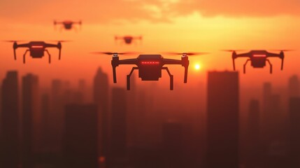 Fleet of autonomous delivery drones flying over a futuristic urban landscape with skyscrapers silhouetted against a vibrant sunset sky