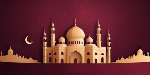 Majestic silhouette of a mosque against a maroon background highlighting intricate architectural details