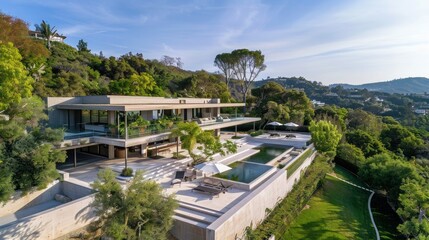 Fototapeta premium aerial corner view of a mansion located in malibu. Thick concrete elements. 