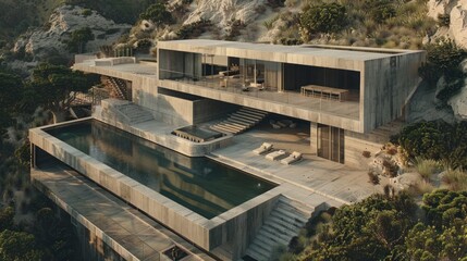 Obraz premium aerial corner view of a mansion located in malibu. Thick concrete elements. 