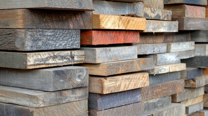 Close up view of stacked lumber in various shades of brown, gray, and beige. Wood planks are tightly packed, showing different textures and grains