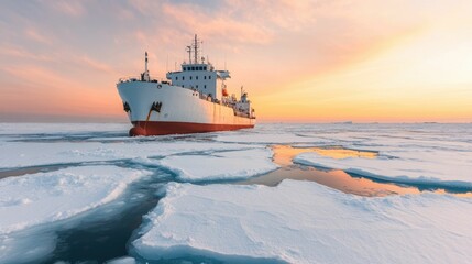 Arctic Freighter Navigating Icy Waters Symbolizing Endurance and Adaptability in Extreme Conditions  A commercial vessel navigating through the frozen sea
