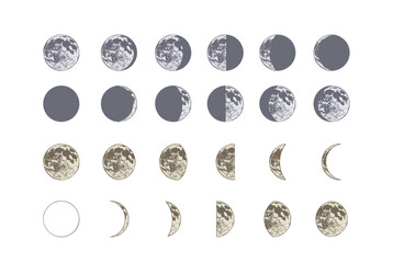 シンプルな月の満ち欠け　装飾イラストセット　満月　月齢　三日月　半月　天体