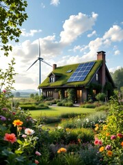 An eco-friendly house with a living roof covered in solar panels, surrounded by a lush garden and a wind turbine