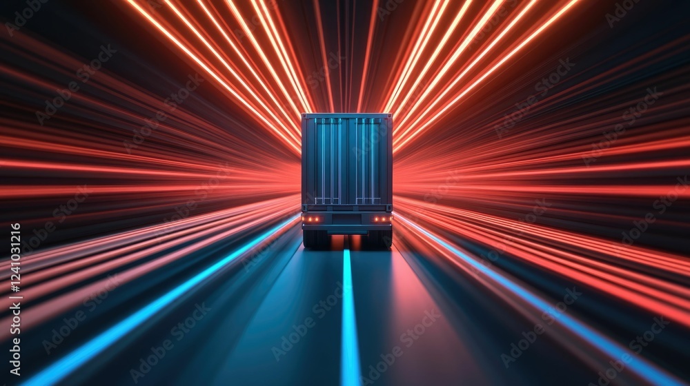 Poster a futuristic digital landscape displaying a holographic map that visualizes freight routes transport