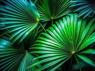Dark Green Palm Leaf Texture, Abstract Low Light Nature Background Stock Photo