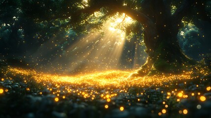 Magical forest sunset, glowing fireflies, fantasy background, game design