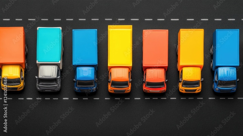 Poster aerial perspective showcasing a fleet of delivery trucks navigating synchronized routes highlighting