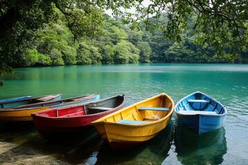 Obraz premium boats gently bob on the serene lake, their colorful hulls contrasting against the clear blue water. lush greenery surrounds the area, creating a tranquil lakeside scene