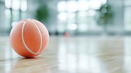 Peach basketball on court, gym background. Sports photo
