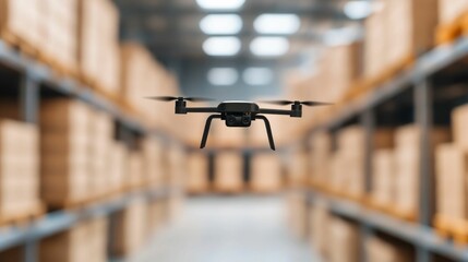 Aerial view of drone flying through a modern warehouse capturing inventory data and conducting autonomous audits as part of a futuristic automation and logistics optimization concept