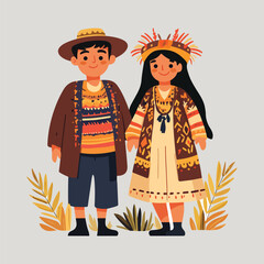 Cute Couple Characters Wearing Ethnic Dayak Clothes vector illustration 