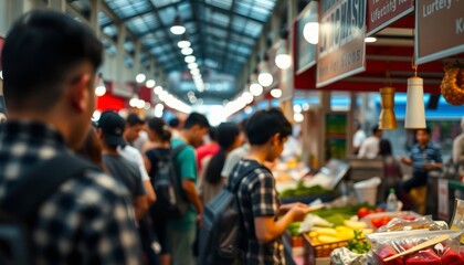 Obraz premium A traveler with a backpack walks through a bustling Asian street market. Vibrant stalls, fresh produce, and diverse crowd create an authentic urban shopping experience.