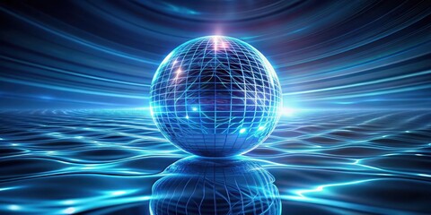 Fototapeta premium A futuristic electric sphere with a blue tinted surface, set against a rippled background that resembles a distorted digital display , neon glow, electric