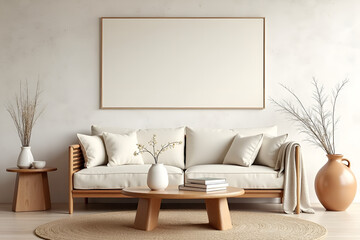 Stylish interior design of living room with  blank mock up poster frame on the wall, Wabi-sabi style interior.
