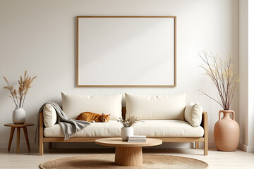 Stylish interior design of living room with  blank mock up poster frame on the wall, Wabi-sabi style interior.
