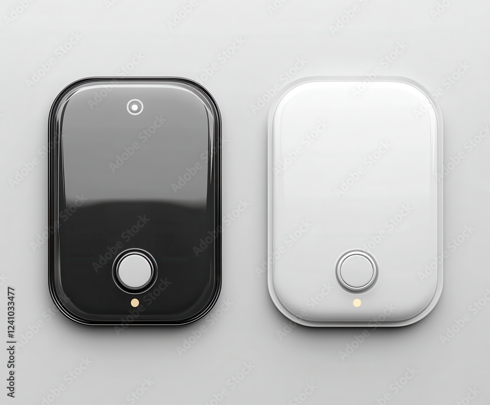 Poster two identical square devices, black and white, displayed against a light gray background. both devic