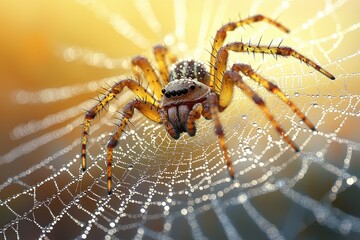 Dew Covered Spider On Its Web In Golden Light