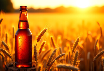  Chilled Beer Bottle in a Golden Wheat Field at Sunset