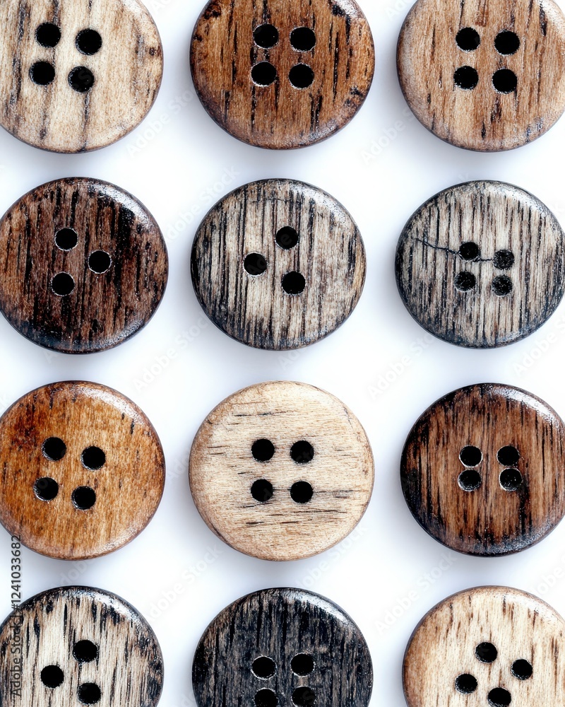 Poster close up view of various wooden buttons, circular and arranged in a grid pattern against a white bac
