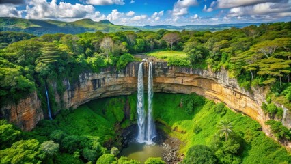 Fototapeta premium Chamarel Waterfall Lush Tropical Island Top View, scenic, vibrant, scenic, vibrant, atmospheric, tropical