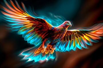 Fototapeta premium A stunning illustration of a colorful hawk in mid-flight, showcasing vibrant plumage with shades of blue, orange, and red.