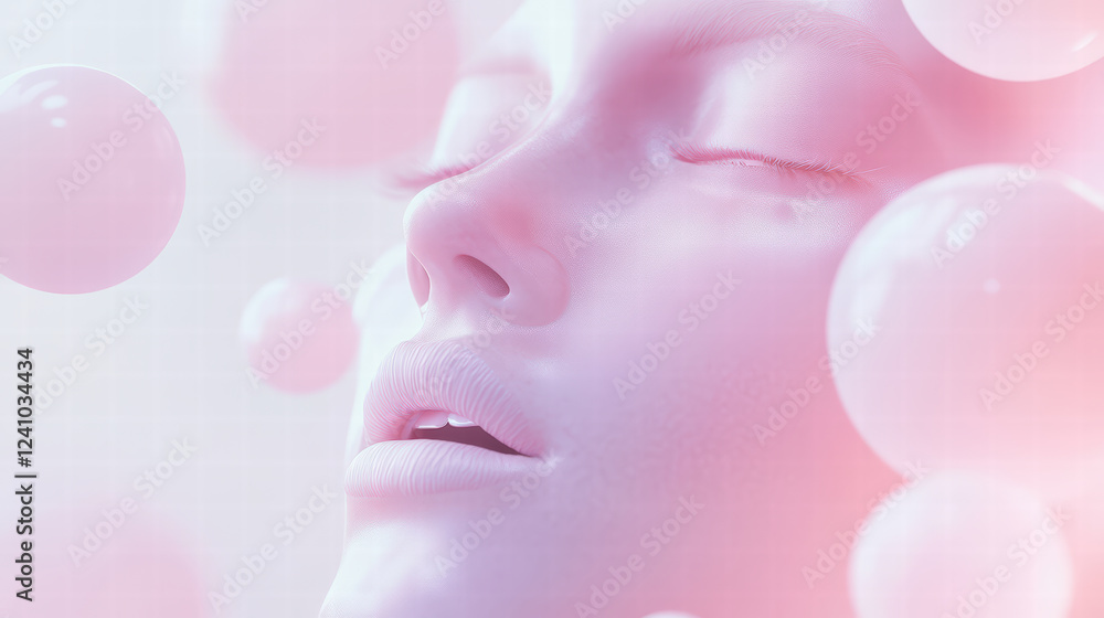 Poster modern design featuring serene face surrounded by soft, translucent spheres, creating calming and et