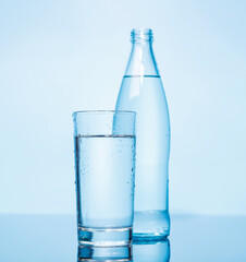 A simple and clear glass and bottle of pure water