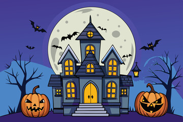 Fototapeta premium Haunted Cartoon Mansion Vector Illustration with Spooky Elements