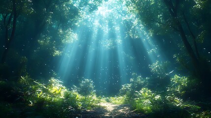 Naklejka premium Sunbeams illuminate forest path, magical background, nature scene
