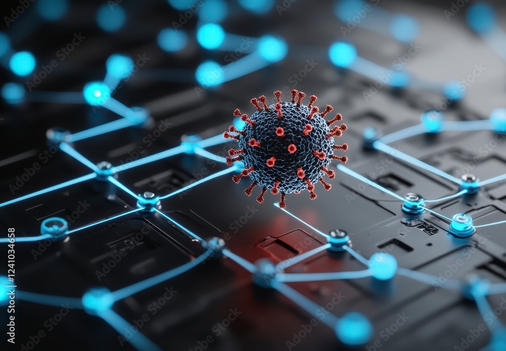 Aufkleber close up view of a virus model positioned on a complex circuit board. the virus is dark red and blac