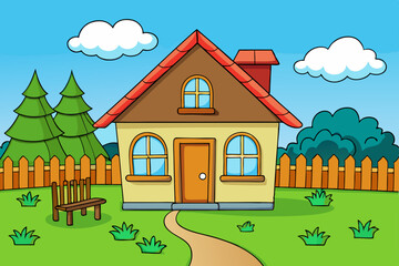 Cartoon House with Green Yard and Wooden Fence Vector Illustration

