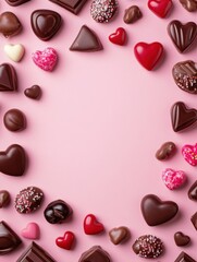 Fototapeta premium A Symphony of Hearts: A Delightful Collection of Exquisite Chocolate Hearts, Beautifully Displayed on a Pastel Pink Surface, Creating a Scene of Pure Romance and Sweet Indulgence