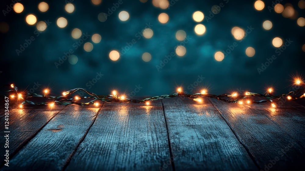 Poster warm glowing string lights create a festive ambiance on a dark wooden surface. bokeh lights of vario