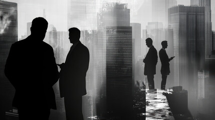 Silhouetted business leaders in meeting against urban skyline, showcasing collaboration and strategy in modern environment. scene evokes sense of professionalism and ambition