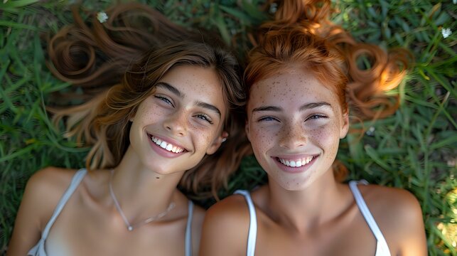 Two young women with radiant smiles lying on green grass, hair spread out, wearing white tank tops, expressing joy and friendship in natural sunlight, perfect for lifestyle blogs.